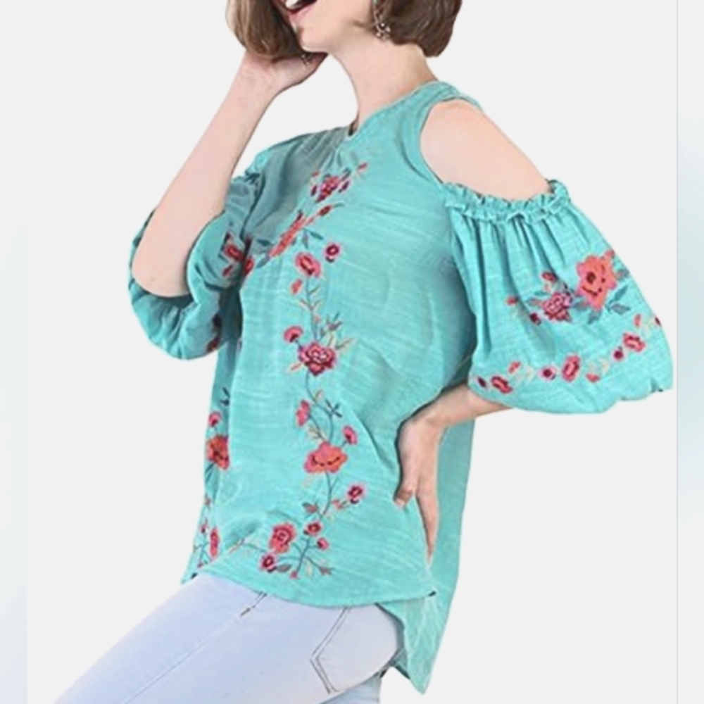 UMGEE Floral Rose Embroidered Cold Shoulder Short Puff Sleeve Top EUC - Picture 16 of 16